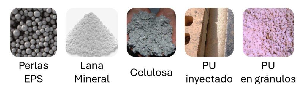 Materiales de aislamiento térmico: Perlas de EPS, Lana Mineral, Celulosa, PU Inyectado y PU en Gránulos.
