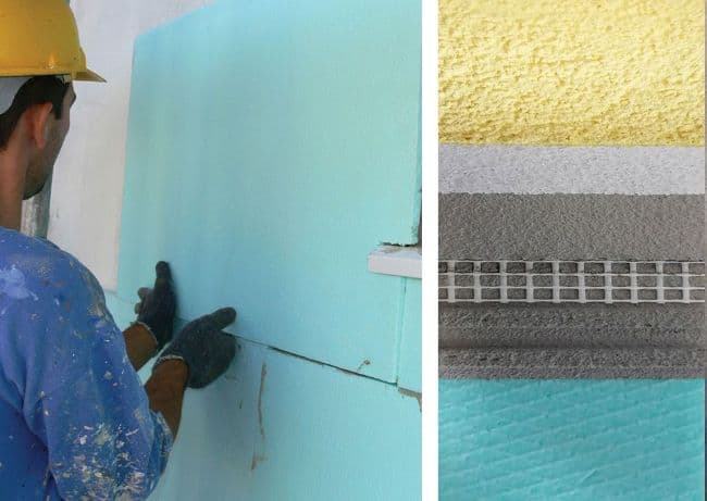 Instalación de placas FIBRANxps ETICS GF en un sistema SATE, junto a un detalle de las capas del sistema con mortero, malla de refuerzo y acabado final.