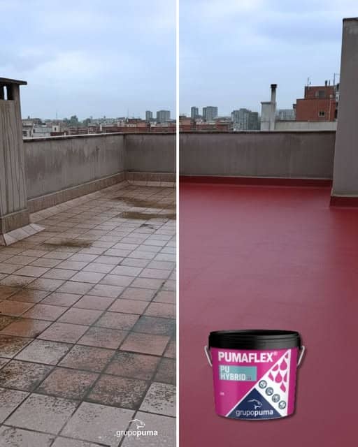 Antes y después de impermeabilización de terraza con sistema PUMAFLEX®