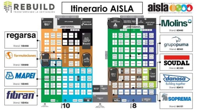 Itinerario de AISLA en REBUILD 2026 con ubicación de stands de asociados
