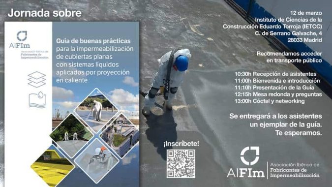 Presentación de la Guía de Buenas Prácticas sobre impermeabilización de cubiertas planas con sistemas líquidos proyectados en caliente, en el Instituto Eduardo Torroja de Madrid.