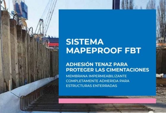 Imagen de obra subterránea con el sistema Mapeproof FBT de Mapei aplicado en la cimentación, destacando la protección impermeabilizante totalmente adherida.